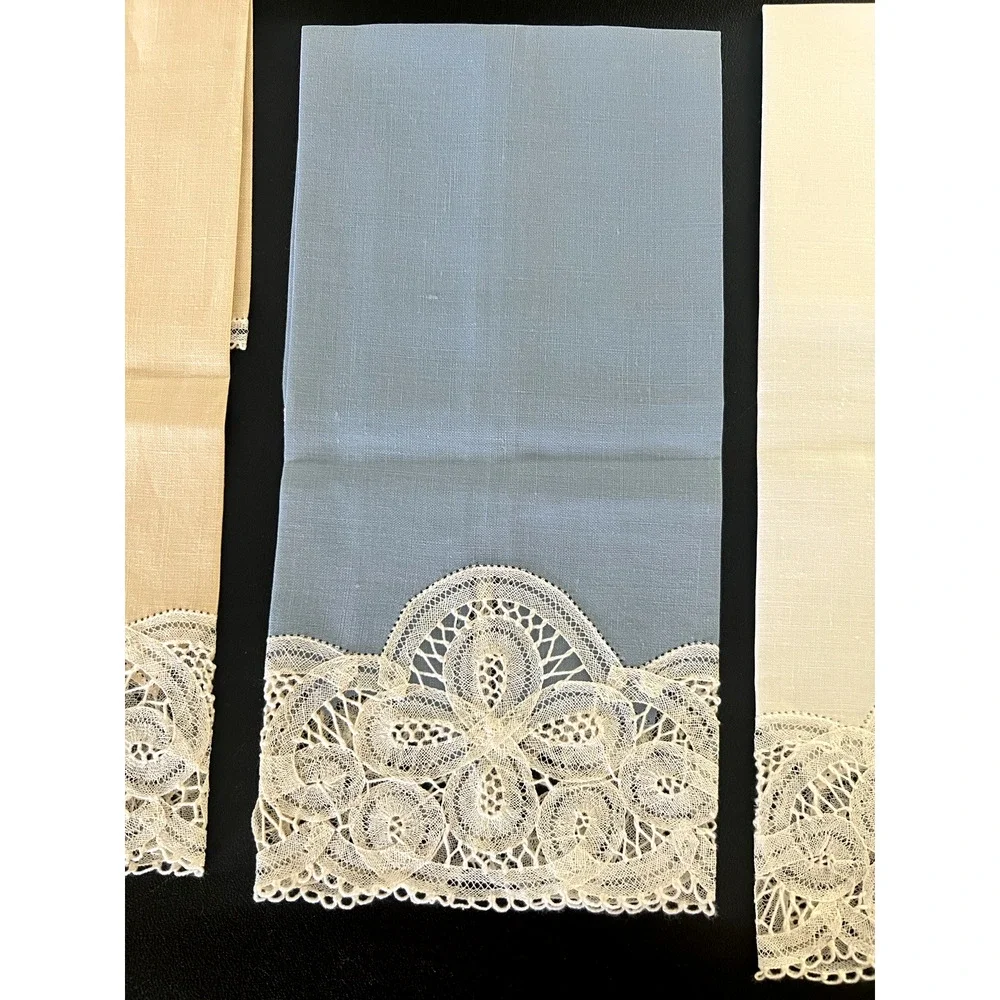 SET of 3 Vintage Embroidered Tea Guest Towel Fine Crocheted Lace NEW